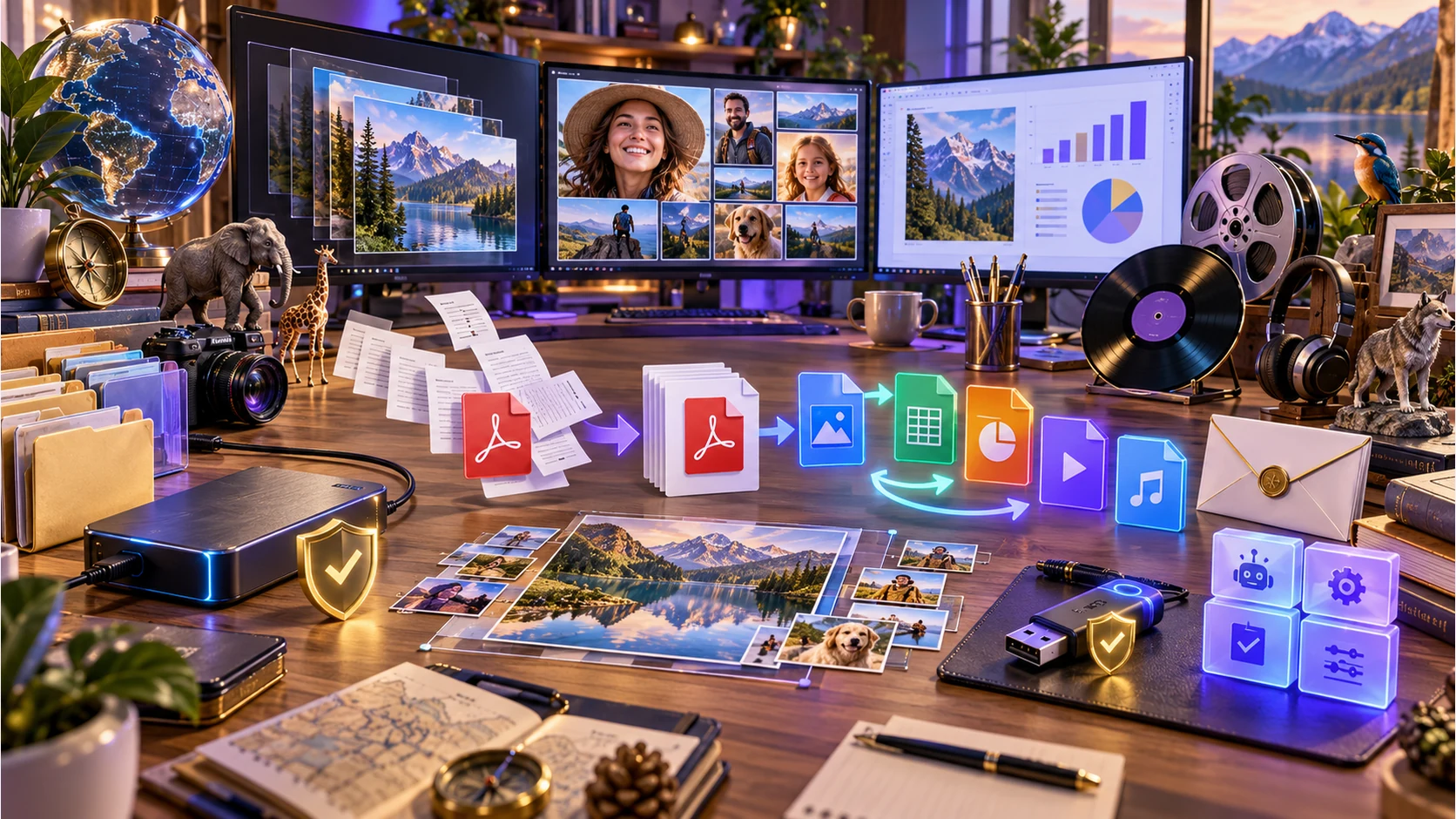 Illustration of a desktop workspace with documents, photographs, audio and everyday utility subjects