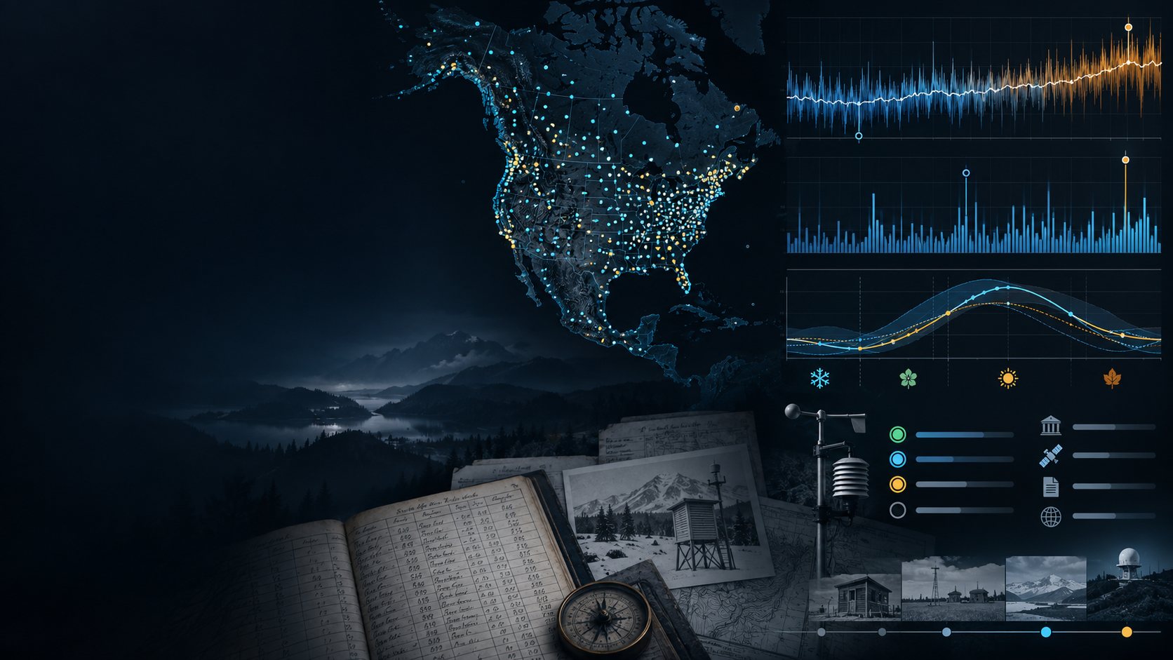 Illustration of North American weather stations, historical observation records and long-term temperature and seasonal charts