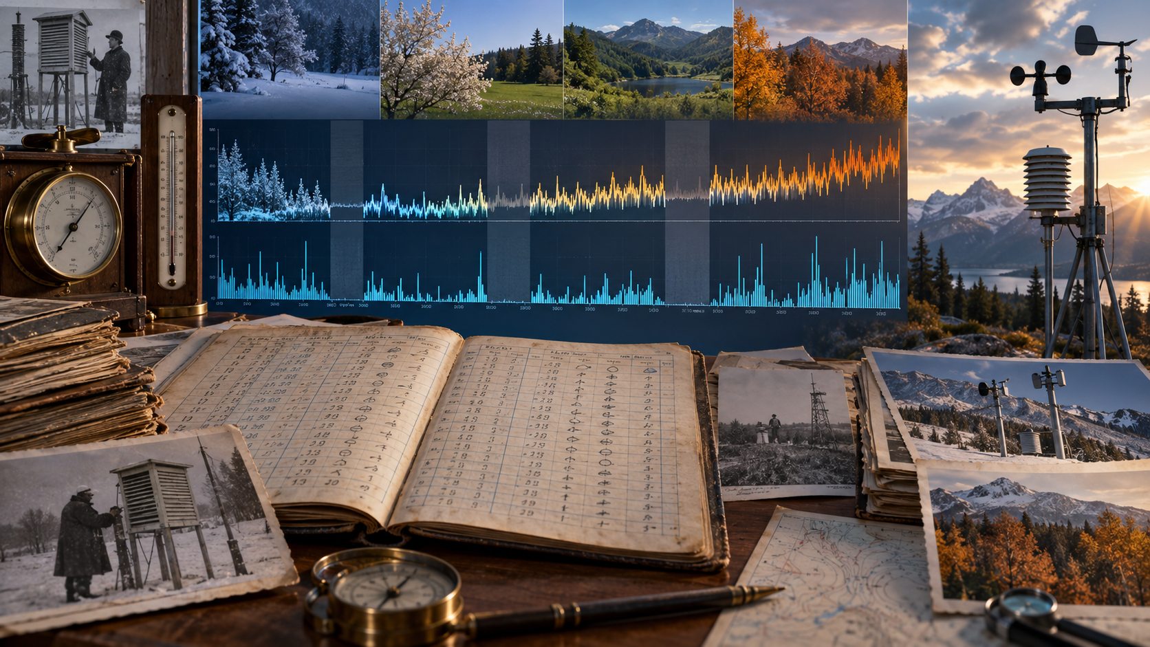 Illustration of weather observation ledgers, historical station photographs, instruments and a long-term chart