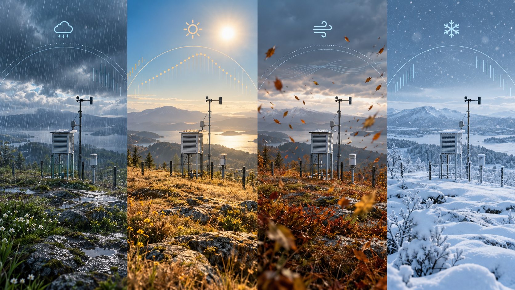 Illustration of weather stations across rain, summer sunshine, autumn wind and winter snow