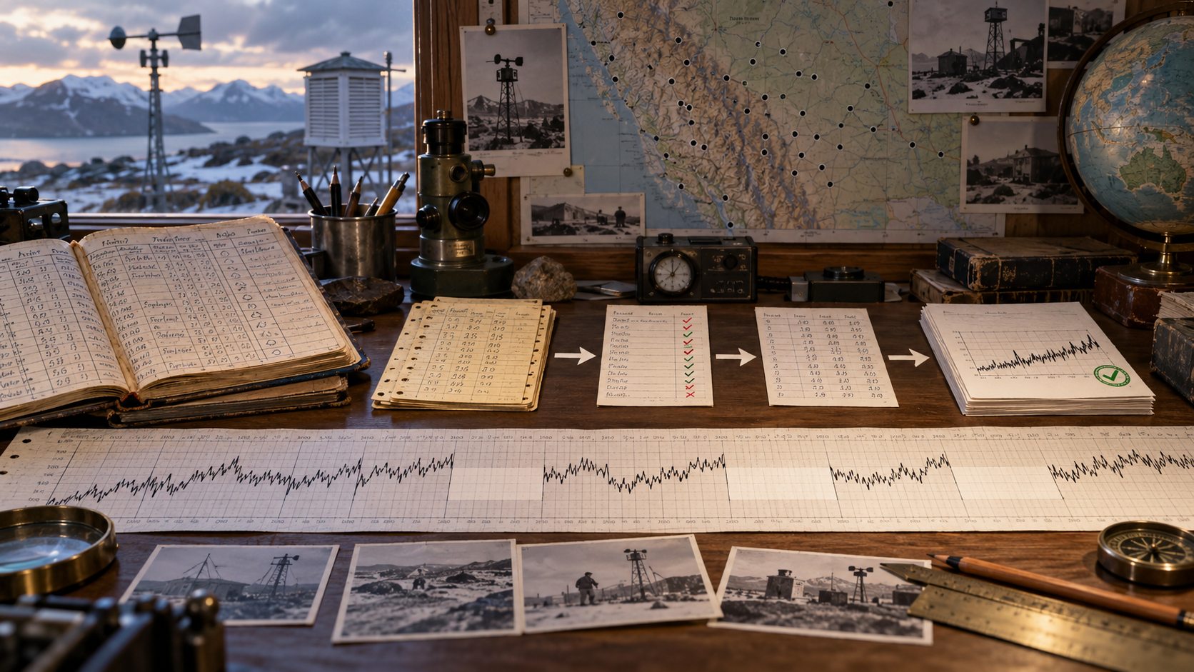 Illustration of station observation records checked for missing and accepted values beside historical charts