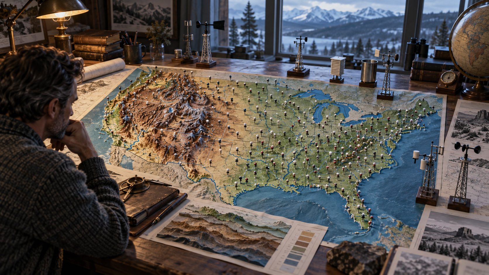 Illustration of a researcher studying U.S. weather station locations on a relief map